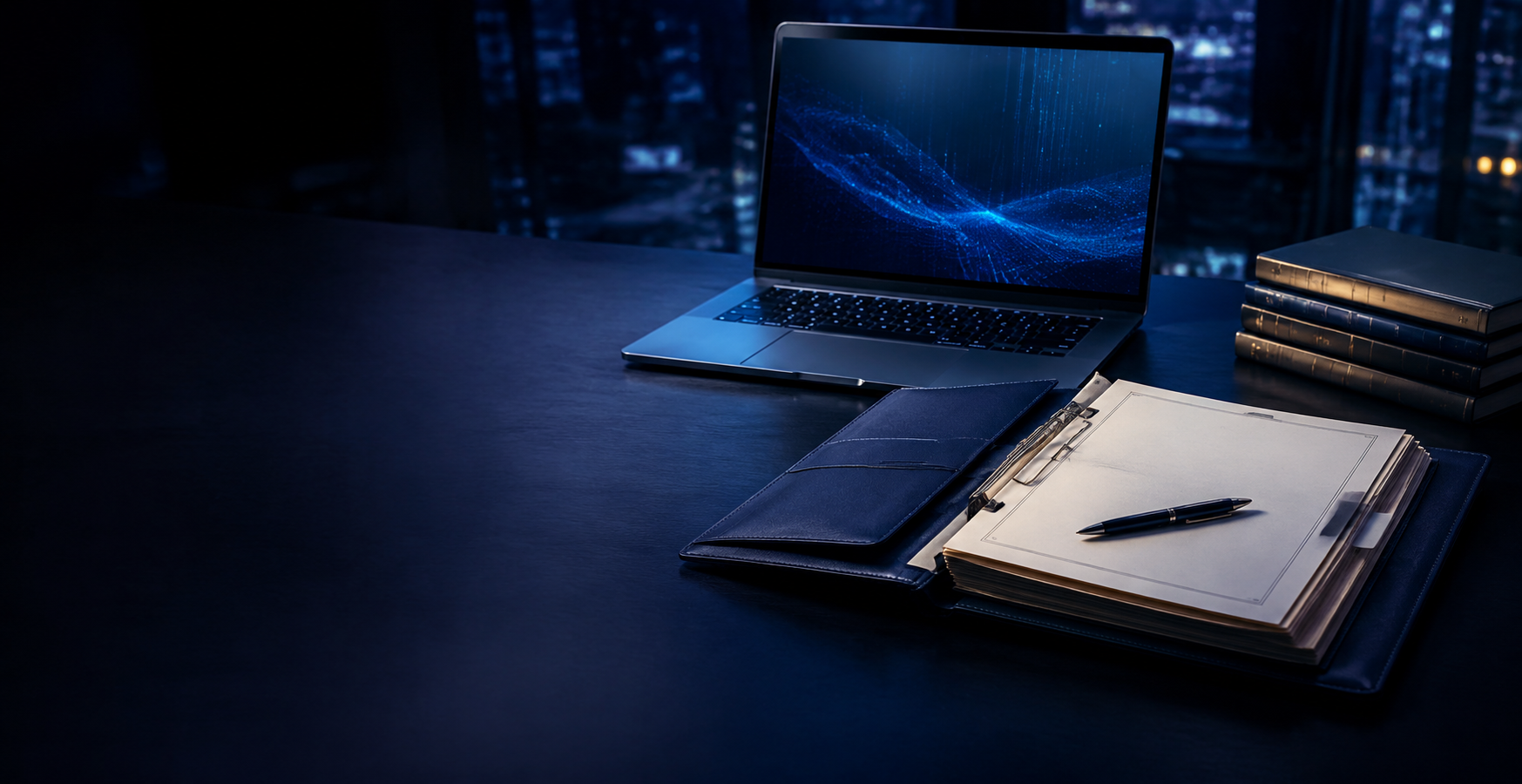 Escritorio jurídico contemporáneo con computadora, documentos y pluma